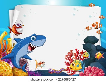 Underwater blank banner with sea animal illustration