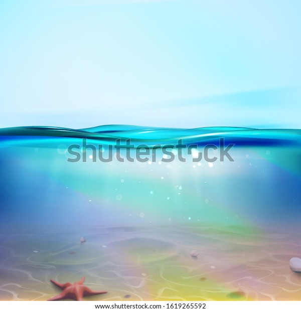 緑のリアルな海の背景に水中の青 夏の背景 深海 の海のシーンを持つベクターイラスト 水平水面を持つバナー 水の中の泡 海底 Eps のベクター画像素材 ロイヤリティフリー