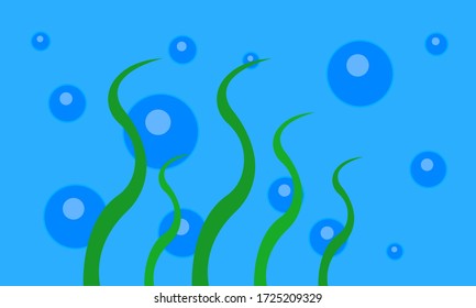 underwater blue background with bubbles and green algae nature concept wallpaper for design
