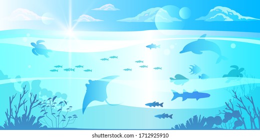 Underwater blue background with dolphin, turtle, stingray, fish, coral reefs, plants silhouettes. Tropical ocean eco banner with clouds, pure transparent water, sea animals, sun flares. Diving concept