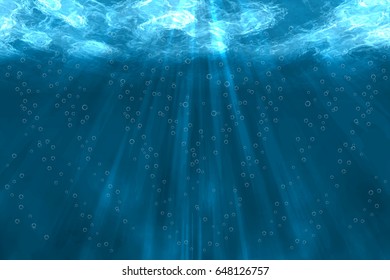 Underwater blue ocean background, with sun rays and air bubbles. Color vector illustration