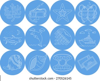 Underwater blue round vector icons. Set of round blue vector icons with white line elements of sea leisure and underwater creatures on white background.