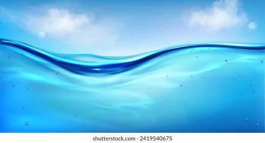 Underwater and blue sky background. Vector realistic illustration of sea, ocean, river, lake aqua, air bubbles under waterline with transparent clear waves, sunny day cloudscape, natural environment