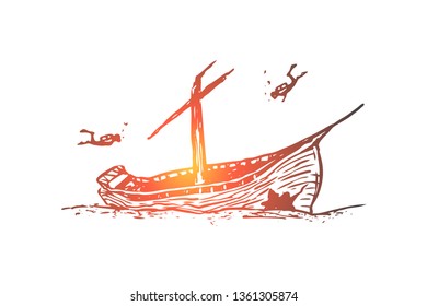 Underwater, boat, seabed, ship, diving concept. Hand drawn sunken ship on the seabed concept sketch. Isolated vector illustration.