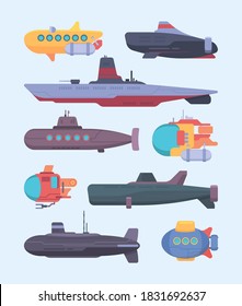 Underwater boat. Submarines diving ocean exploration vector cartoon illustrations set