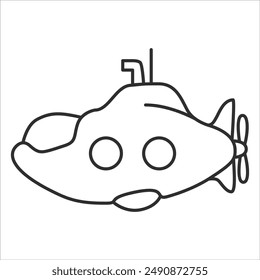 Underwater boat.Submarine undersea.Submarine under water.Outline vector illustration.Isolated on white background.