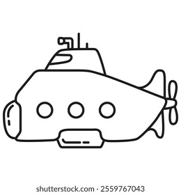 Underwater boat.Submarine undersea.Submarine under water.Outline vector illustration.Isolated on white background.