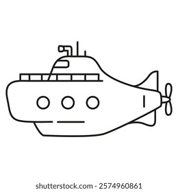 Underwater boat.Submarine undersea.Submarine under water.Outline vector illustration.Isolated on white background.