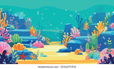 Fondo de dibujos animados de arrecife brillante bajo el agua. Bajo el mar con corales y algas, fondo marino, Ilustración vectorial de fondo marino diseño plano colores sólidos