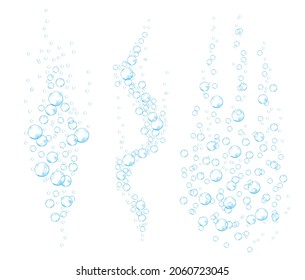 Underwater bubbles of fizzing soda. Streams of air. Dissolving tablets. Realistic oxygen pop in effervescent drink. Blue vector sparkles on white background.