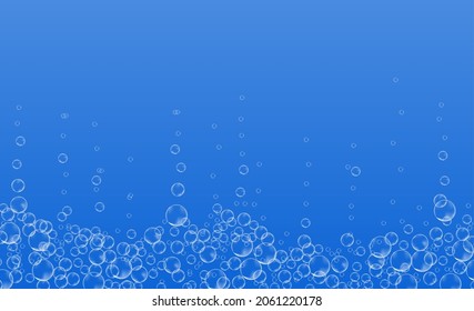 Underwater bubbles of fizzing soda. Streams of air. Realistic oxygen pop in effervescent drink. Vector sparkles on blue background.
