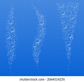 Underwater bubbles of fizzing soda. Streams of air. Dissolving tablets. Realistic oxygen pop in effervescent drink. Vector sparkles on blue background.