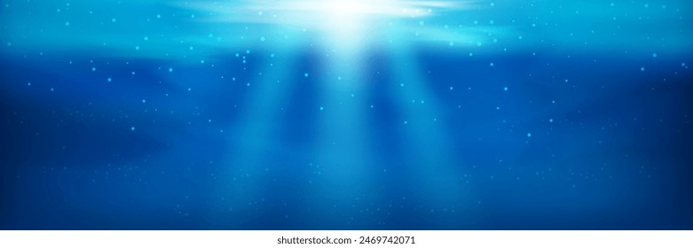 Underwater bubbles and ocean surface. Sea landscape realistic with sun rays falling.