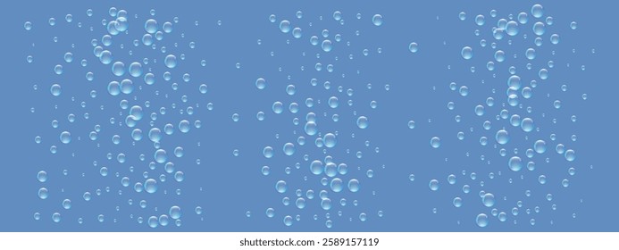 Underwater bubbles on a blue background. Water flow in an ocean, sea, aquarium. Air sparkles rise to the surface. Realistic clear balls. Fizzing bubble soda. Splash effect. Vector illustration