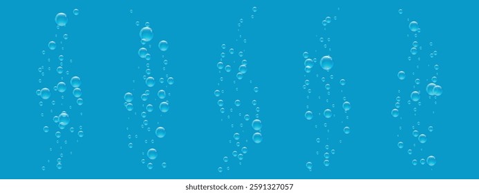 Underwater bubbles on a blue background. Water flow in an ocean, sea, aquarium. Air sparkles rise to the surface. Realistic clear balls. Fizzing bubble soda. Splash effect. Vector illustration.