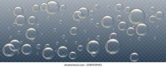 Underwater bubbles on a transparent background. Water flow in an ocean, sea, aquarium. Air sparkles rise to the surface. Realistic clear balls. Fizzing bubble soda. Splash effect. Vector illustration