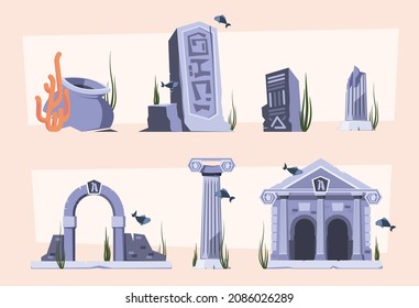 Edificios submarinos. Atlantis perdió la ruina de la ciudad muerte columna de la ciudad viejas casas garish vector conjunto de dibujos animados