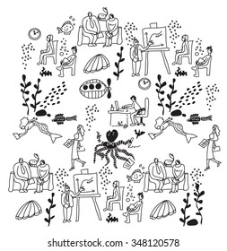 Underwater business people office life black and white. Business people work in nature. Monochrome vector illustration. EPS8