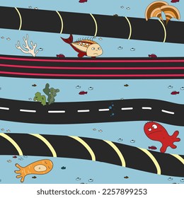 Underwater cables on the seabed. Pipes across the ocean. Pollution of the environment. Vector image in cartoon style.