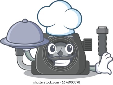 Underwater camera as a chef cartoon character with food on tray
