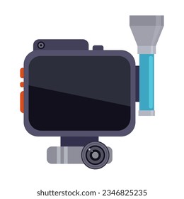 Underwater camera with flash and flashlight. Scuba diving equipment vector illustration. Gear for diving isolated on white background. Sports concept