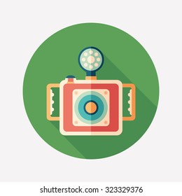 Underwater camera flat round icon with long shadows.