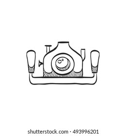 Underwater camera icon in doodle sketch lines. Photography sea water diving animal documentary 