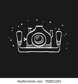 Underwater camera icon in doodle sketch lines. Photography sea water diving animal documentary