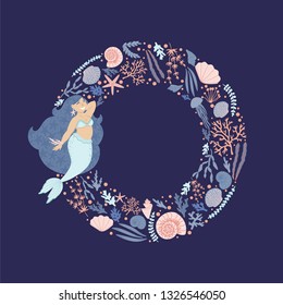 Underwater card design.Background with a beautiful mermaid, seaweeds,and stars.Childish background with mermaid girl in a round frame.Social media, poster, greeting card,gift, banner, textile, T-shirt