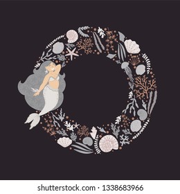 Underwater card design.Background with a beautiful mermaid, seaweeds,and stars.Childish background with mermaid girl in a round frame.Social media, poster, greeting card,gift, banner, textile.