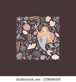 Underwater card design.Childish background with mermaid girl in a square frame.Background with a beautiful mermaid, seaweeds,and stars.Social media, poster, greeting card,gift, banner, textile,T-shirt