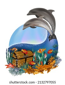Underwater card with dolphins and diamonds chest box . vector illustration	