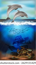 Underwater card with dolphins and old anchor. vector illustration