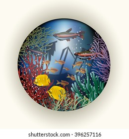 Underwater card with old ship, vector illustration