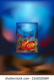 Underwater card with red yellow Tiger fish, vector illustration	