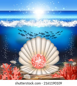 Underwater card with rose diamond and seashell. vector illustration