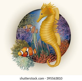 Underwater card with seahorse, vector illustration