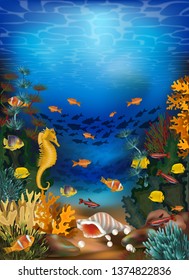 Underwater card with seashell and tropical fish, vector illustration