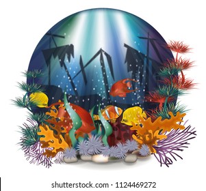 Underwater card with a sunken ship, vector illustration