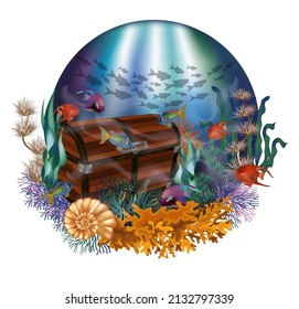 Underwater card with treasure chest, vector illustration	