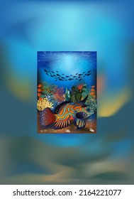 Underwater card with tropical Fantastic Mandarin Fish vector illustration