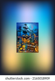Underwater card with tropical fish, treasure chest box and sunken ship, vector illustration
