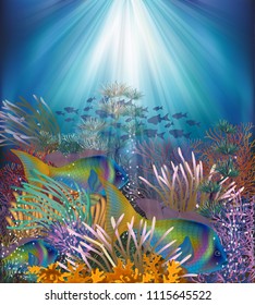 Unterwasserkarte mit tropischen Fischen, Vektorgrafik