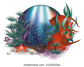 Underwater card with tropical fish, vector illustration