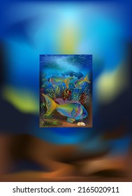 Underwater card with tropical fish, vector illustration	