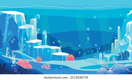 Fundo de desenho animado subaquático 
Ártico submarino com corais, gelo, geleiras algas marinhas, fundo do mar, fundo do mar ilustração vetor do fundo do mar design plano cores sólidas