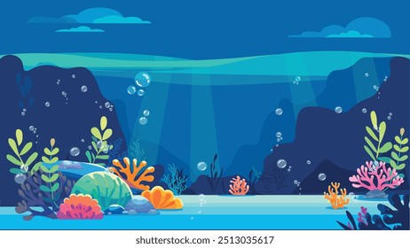 Underwater cartoon background Night Undersea with corals and seaweed, sea bottom, seabed vector illustration flat design solid colors