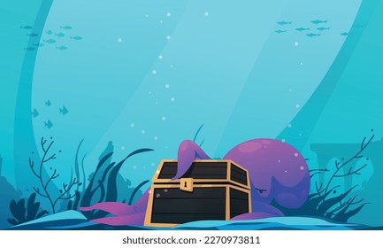 Underwater cartoon background with octopus holding treasure chest vector illustration