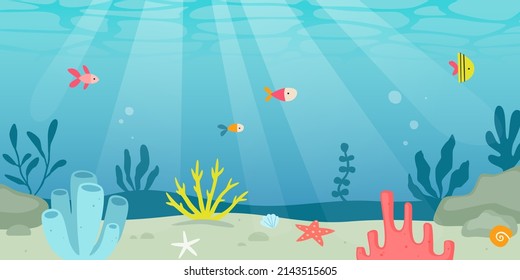 Underwater cartoon background. Tropical ocean floor view. Coral reef with algae and fishes.