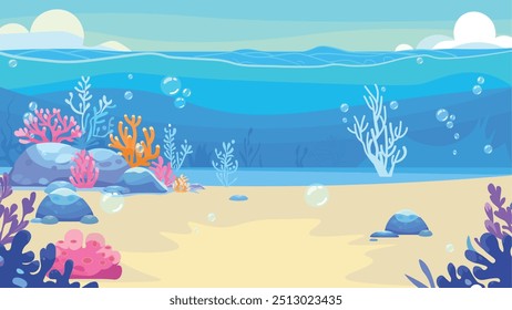 Underwater cartoon background. Undersea with corals and seaweed, sea bottom, seabed vector illustration flat design solid colors